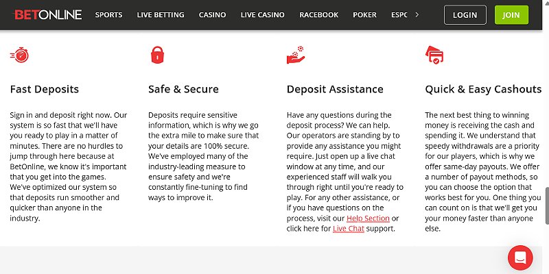 An offshore casino banking page listing the deposit and withdrawal rails open to U.S. players