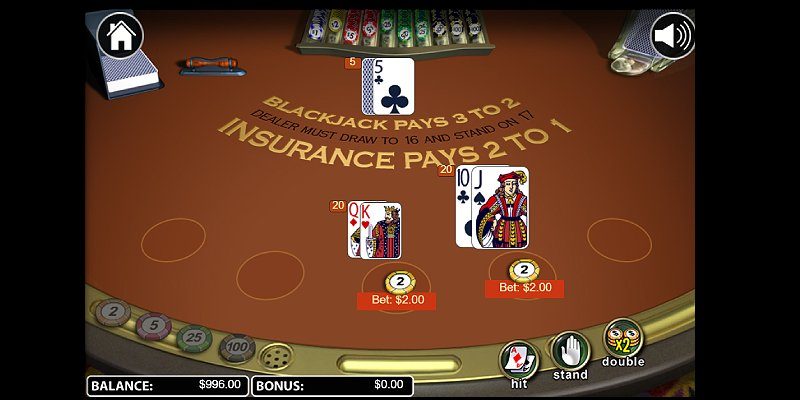 An online blackjack table mid-hand. Same rules as a physical felt, at far lower minimums.
