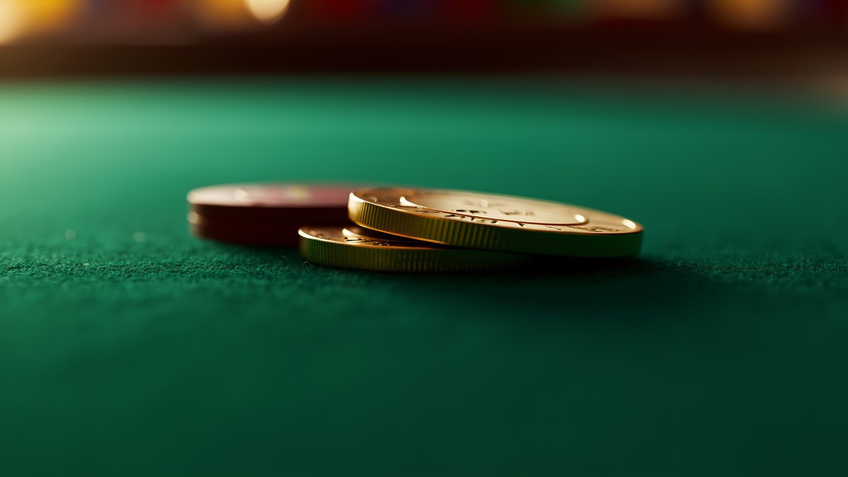 A brass coin balanced on its edge on casino baize with gaming chips behind it