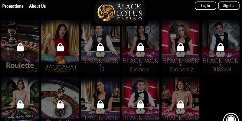 A Black Lotus live dealer lobby listing blackjack, baccarat and roulette tables