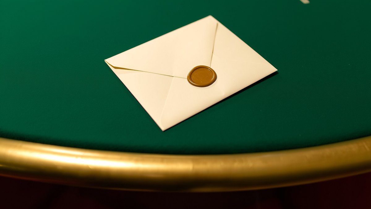 A gold-sealed envelope on casino baize with the table's brass rail in the foreground