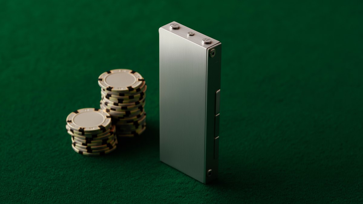 A hardware crypto wallet standing on the green baize of a casino table beside gaming chips