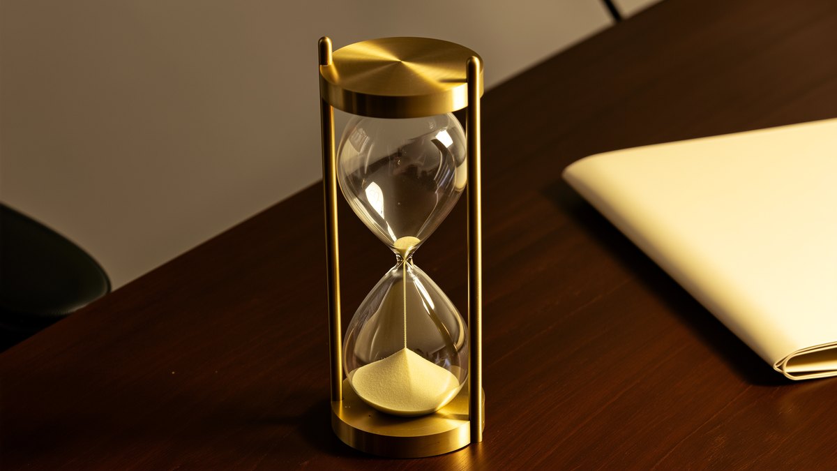 An hourglass with the sand mid-fall standing on a desk beside a closed folder