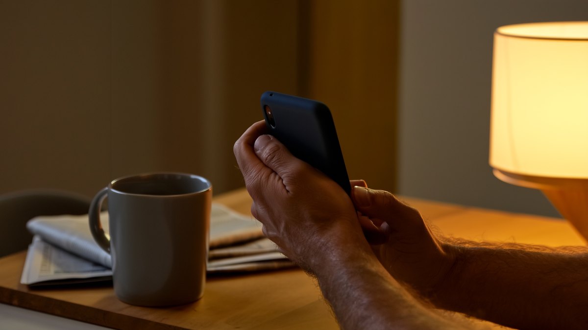 A player holding a phone at a kitchen table in the evening, the screen turned away