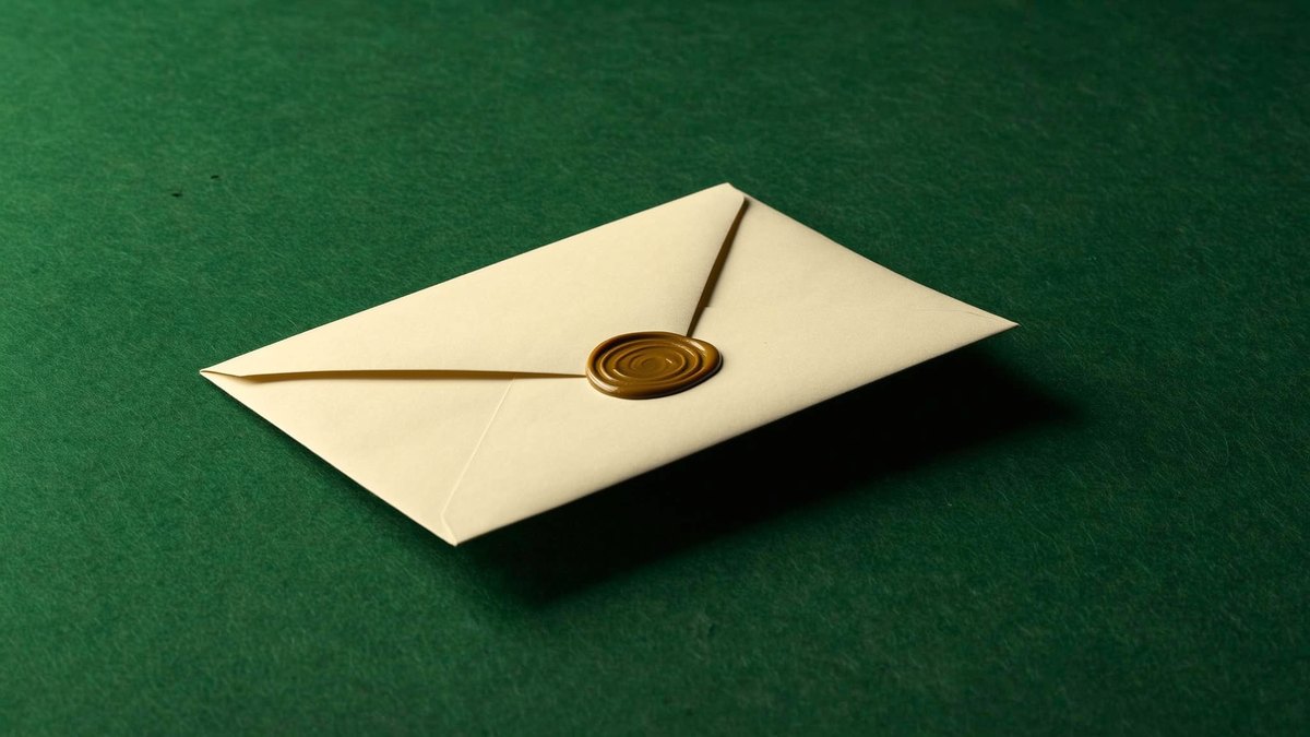 A cream envelope sealed with gold wax lying on green casino felt
