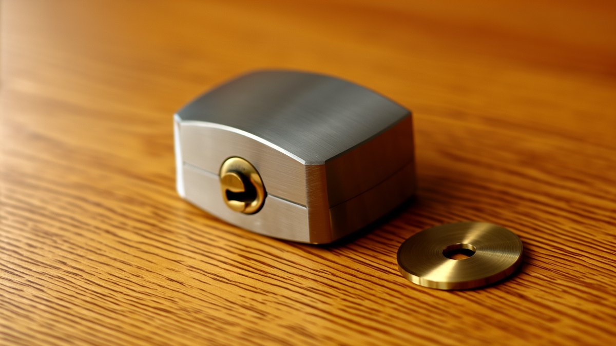 A steel padlock lying closed on an oak desk beside a plain brass disc