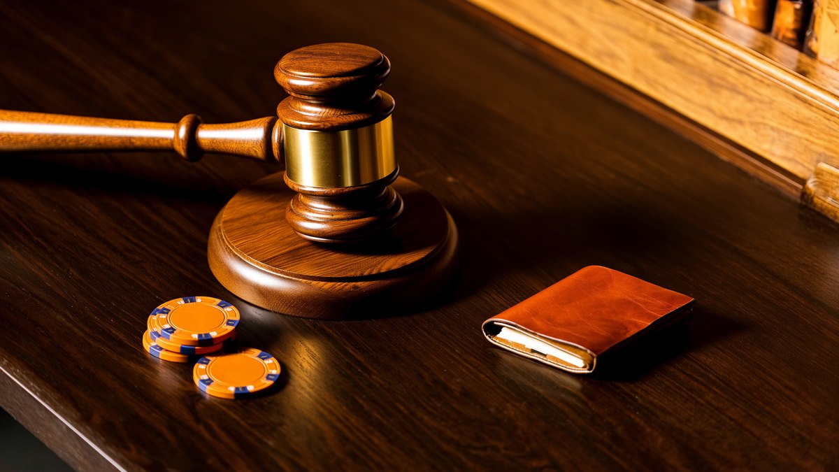 A judge's gavel on a walnut desk beside gaming chips and a closed ledger
