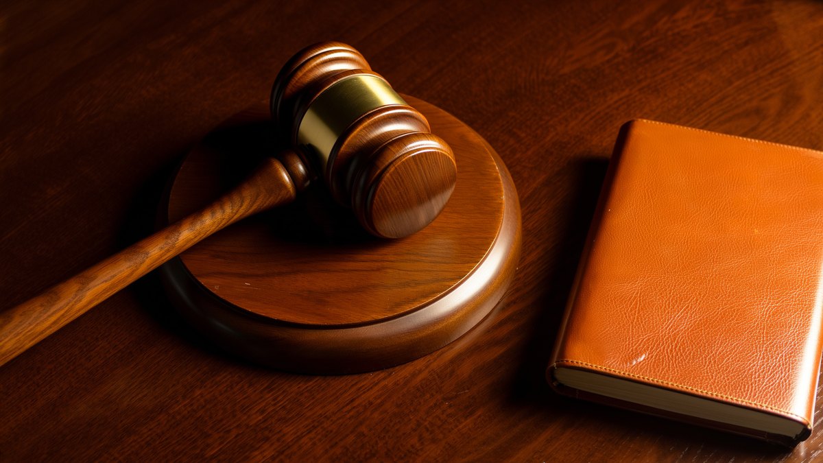 A judge's gavel resting on its sound block beside a closed leather book