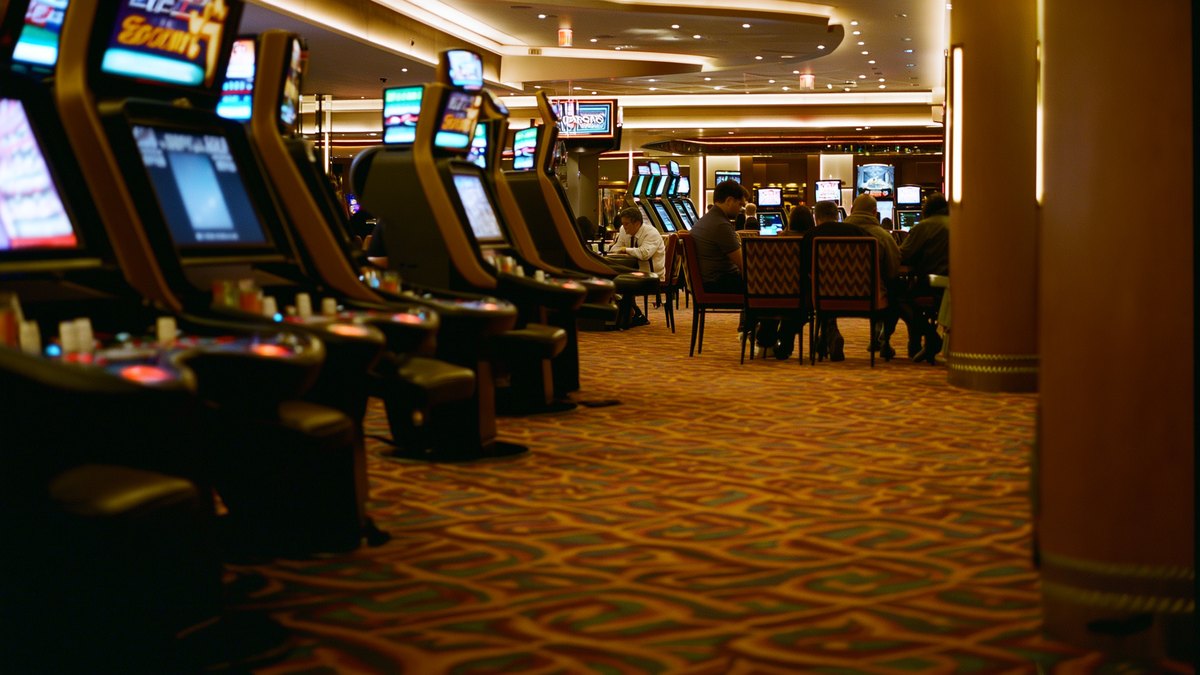 The interior of a casino floor with gaming tables and machines receding into soft focus