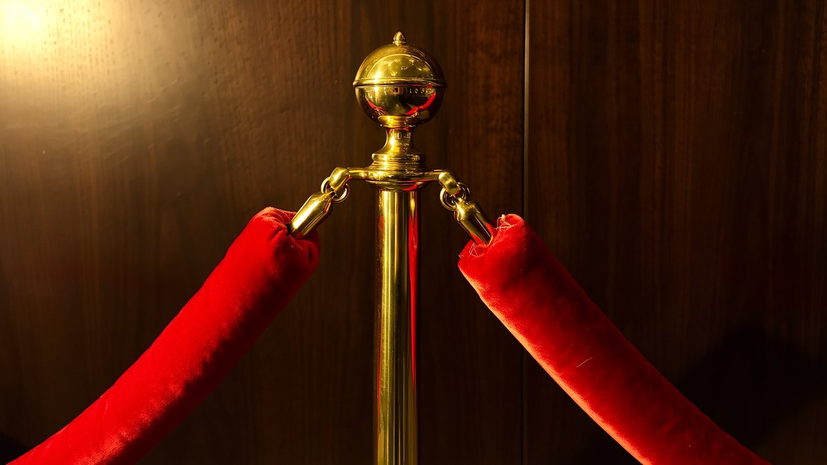 A brass stanchion post with a deep red velvet rope looped from its ring