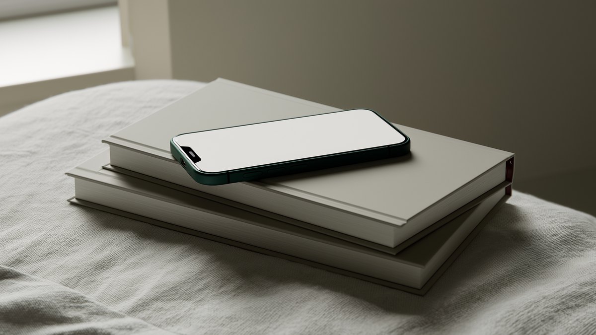 A phone lying face-down on a stack of two closed hardback books