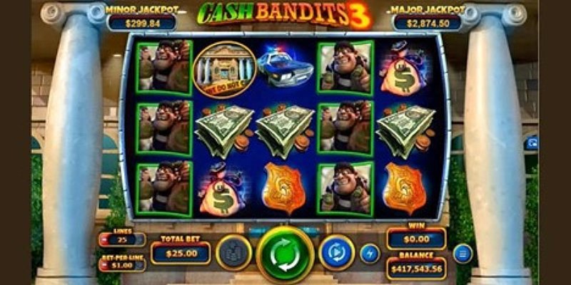 The Cash Bandits 3 online slot mid-spin with its jackpot meters above the reels