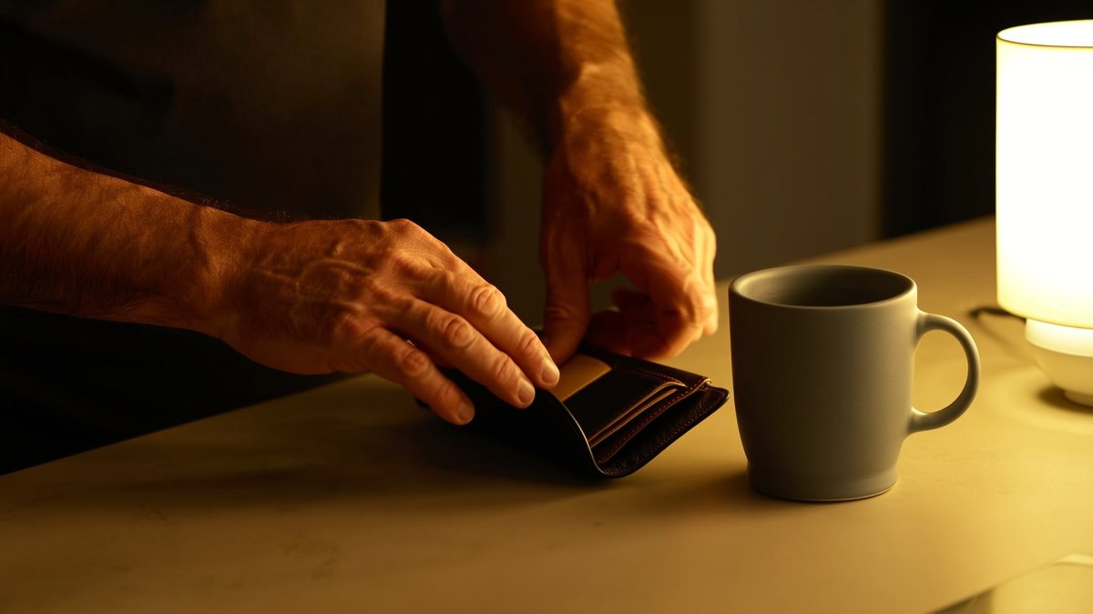 A player closing a leather wallet at a kitchen table in the evening