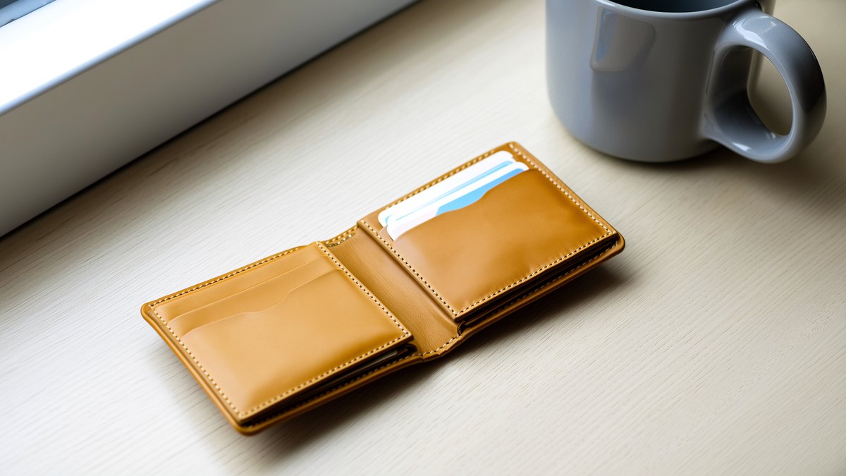 An open leather card wallet lying flat with both card pockets empty