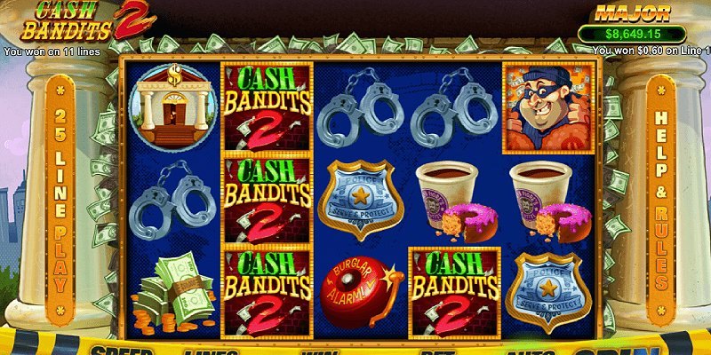 The Cash Bandits 2 online slot mid-spin, showing its five reels