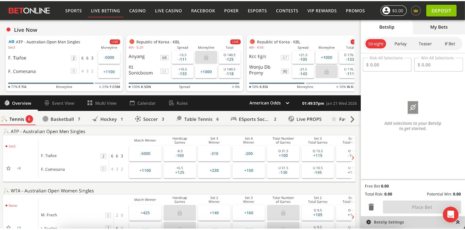 A live sportsbook interface listing in-play tennis matches and their odds