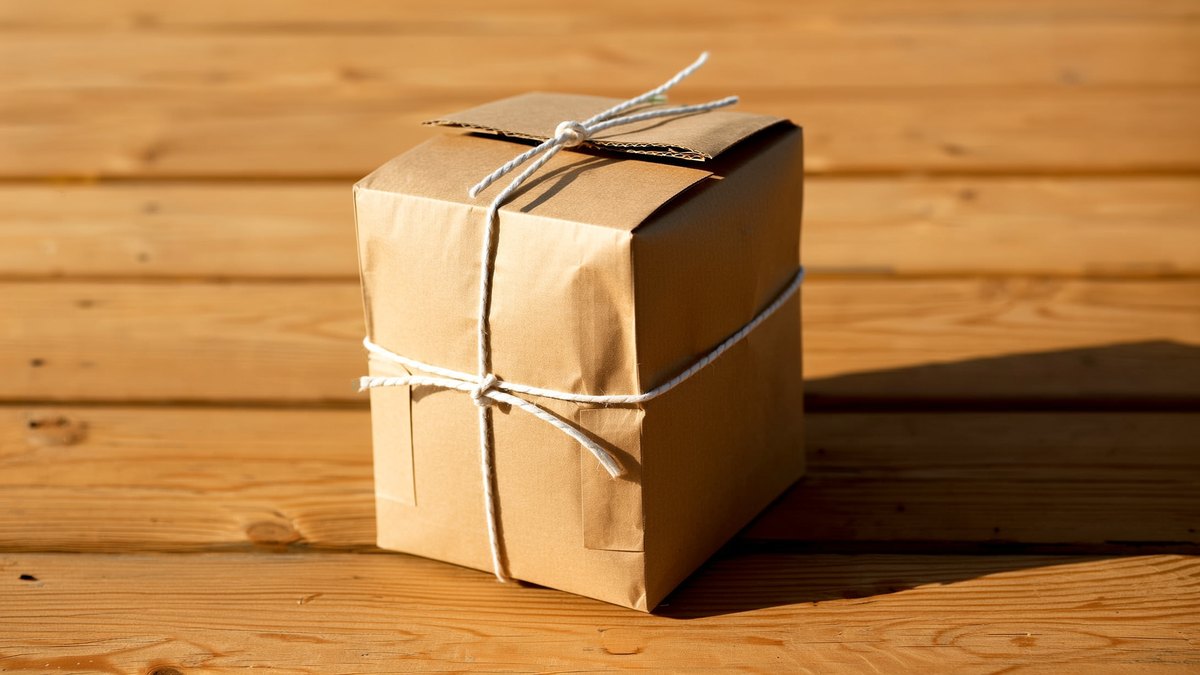 An unopened kraft paper parcel tied with cotton twine on pine boards