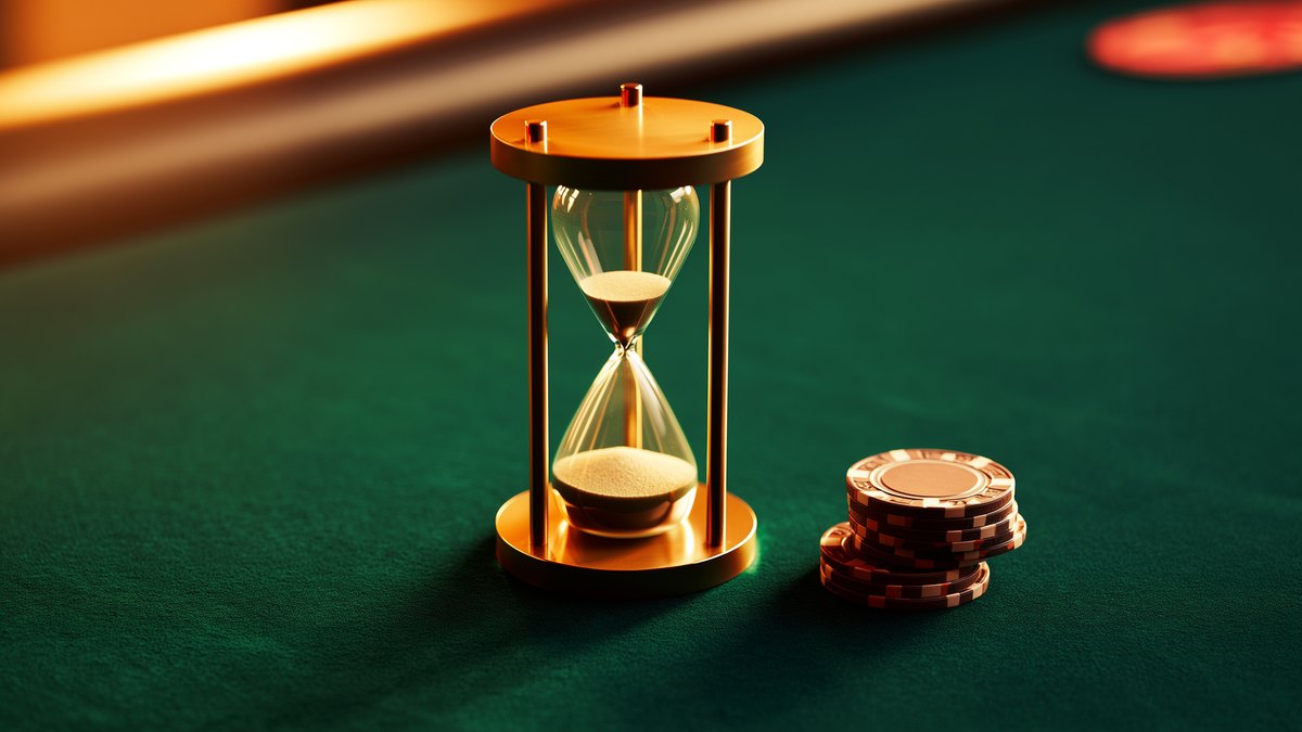 An hourglass mid-fall on casino baize beside a short stack of gaming chips