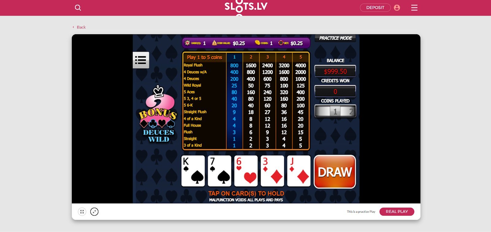 A Slots.lv video poker table showing a dealt Deuces Wild hand
