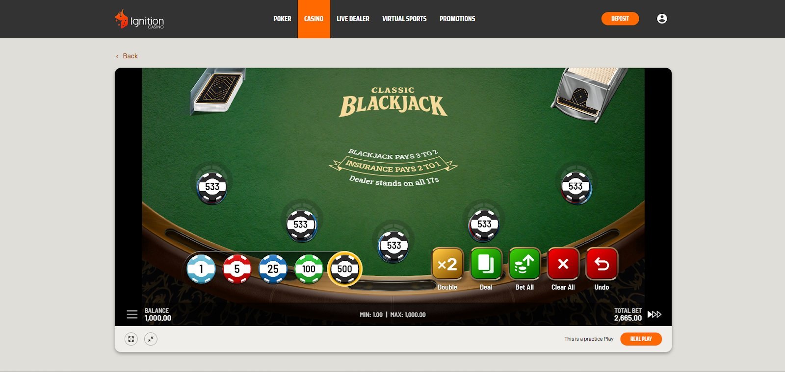 A game of classic blackjack in progress at Ignition Casino