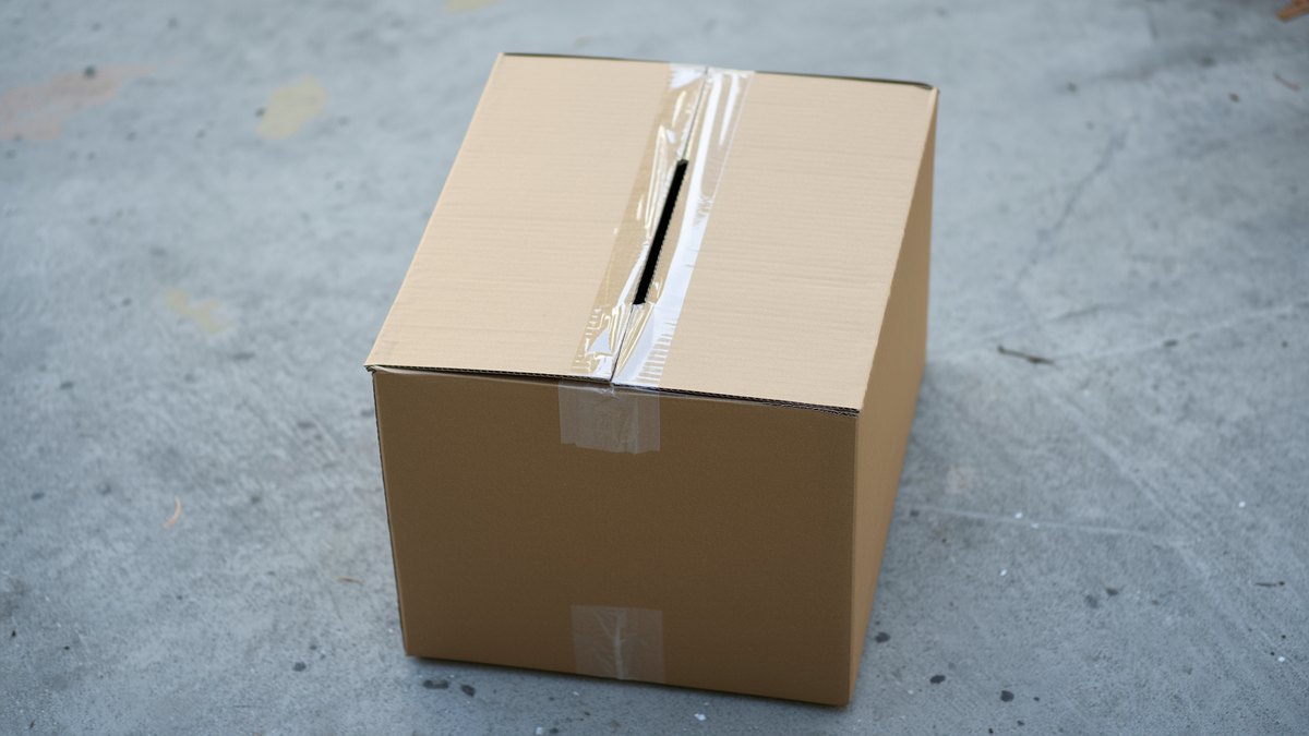 A taped cardboard box with a slot cut in its lid standing on casino baize