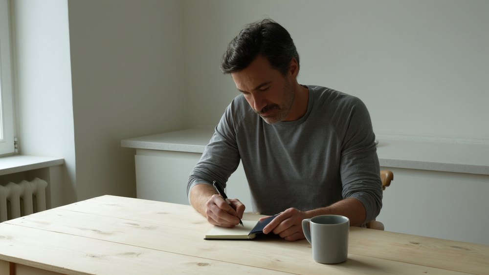 A man at a kitchen table writing down a deposit limit before he plays