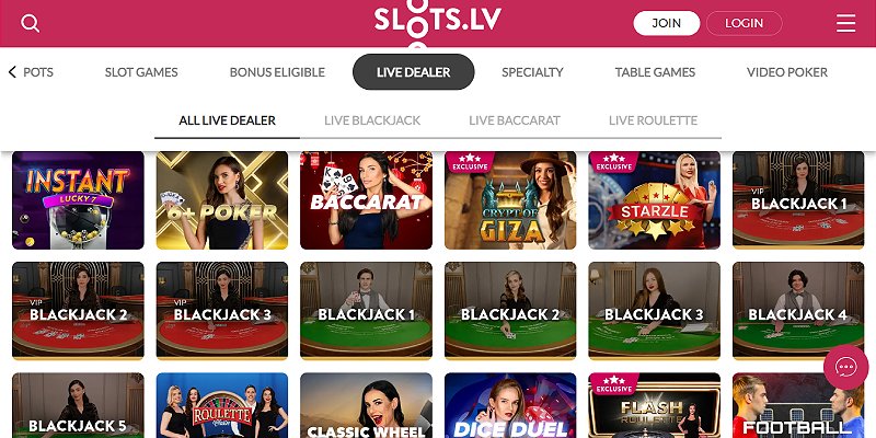 Slots.lv live dealer lobby with more than twenty blackjack, roulette and baccarat tables