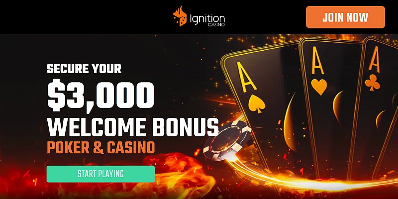 Ignition welcome bonus banner advertising $3,000 across poker and casino