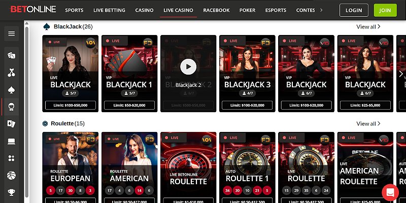 BetOnline live casino lobby listing 26 blackjack tables and 15 roulette wheels