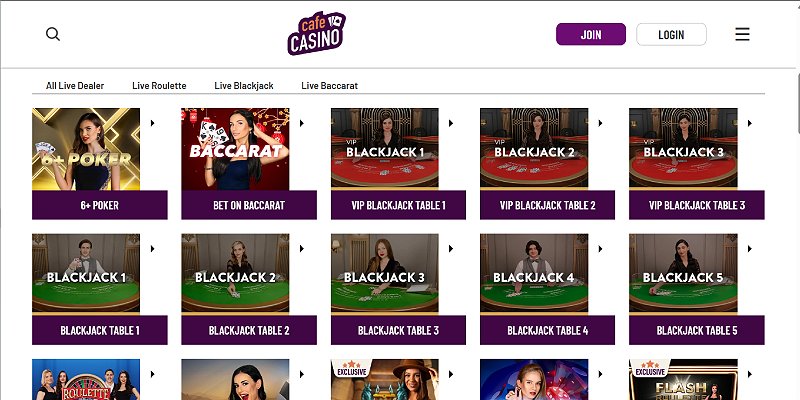 Cafe Casino live dealer lobby with live blackjack, roulette and baccarat tables