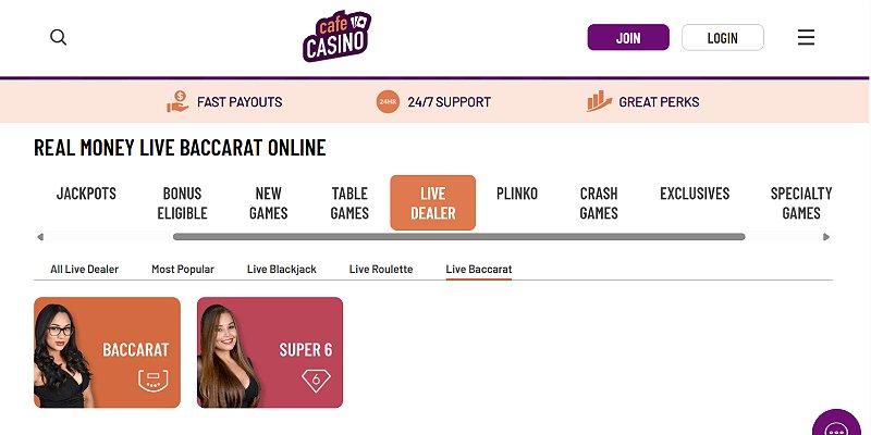 Cafe Casino live baccarat tables including Super 6