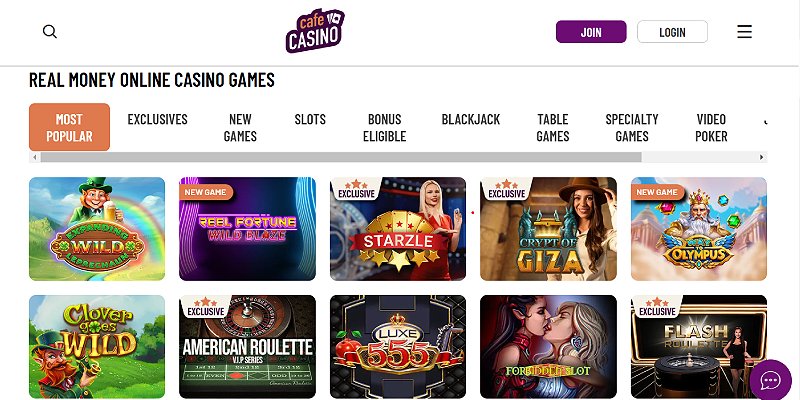 Cafe Casino homepage and game lobby as it appears to U.S. players