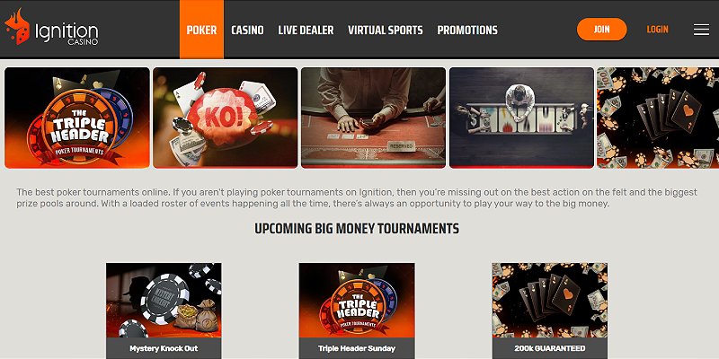 Ignition Casino poker lobby showing upcoming real-money tournaments
