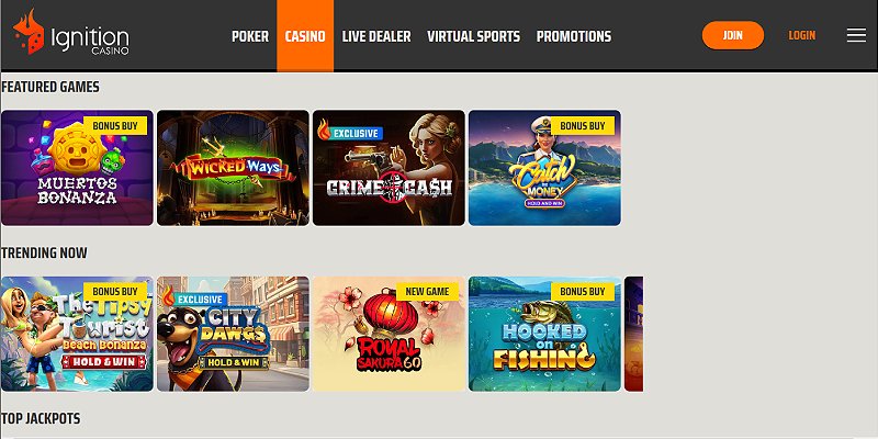 Ignition casino homepage and game lobby as it appears to U.S. players