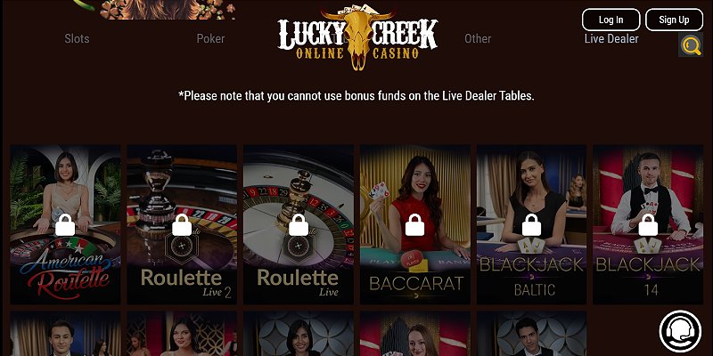 Lucky Creek live dealer lobby with roulette, baccarat and blackjack tables