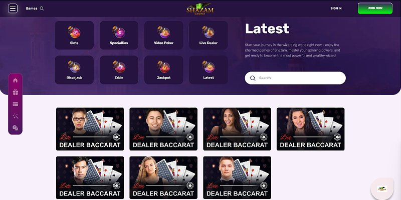 Shazam live dealer baccarat tables in the casino lobby