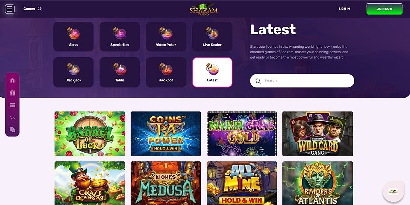 Screenshot of the Shazam online casino site