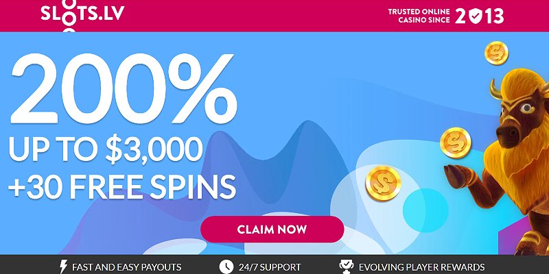 Slots.lv welcome bonus banner showing 200% up to $3,000 plus 30 free spins