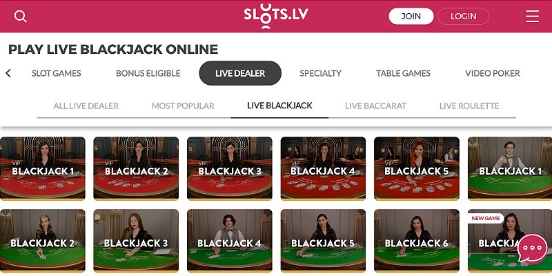 Slots.lv live blackjack lobby showing twelve VIP and standard tables