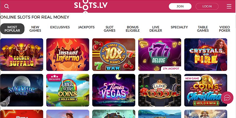 Slots.lv casino homepage and game lobby as it appears to U.S. players