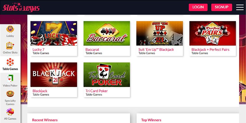 Slots of Vegas table games lobby with blackjack and baccarat variants