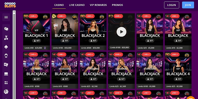 Super Slots live blackjack tables with seats taken and limits shown