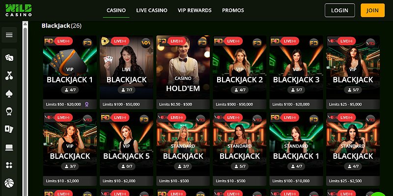Wild Casino live blackjack lobby showing VIP and standard tables